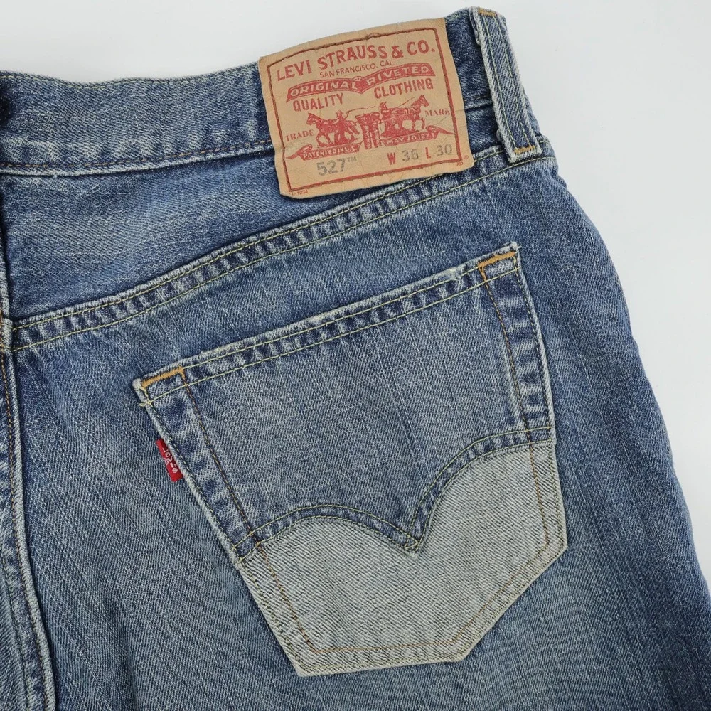 Levi's 527 Low Boot Cut Blue Shadow 2 Tone Contrast Pocket Jeans Mens 36x30 (29)